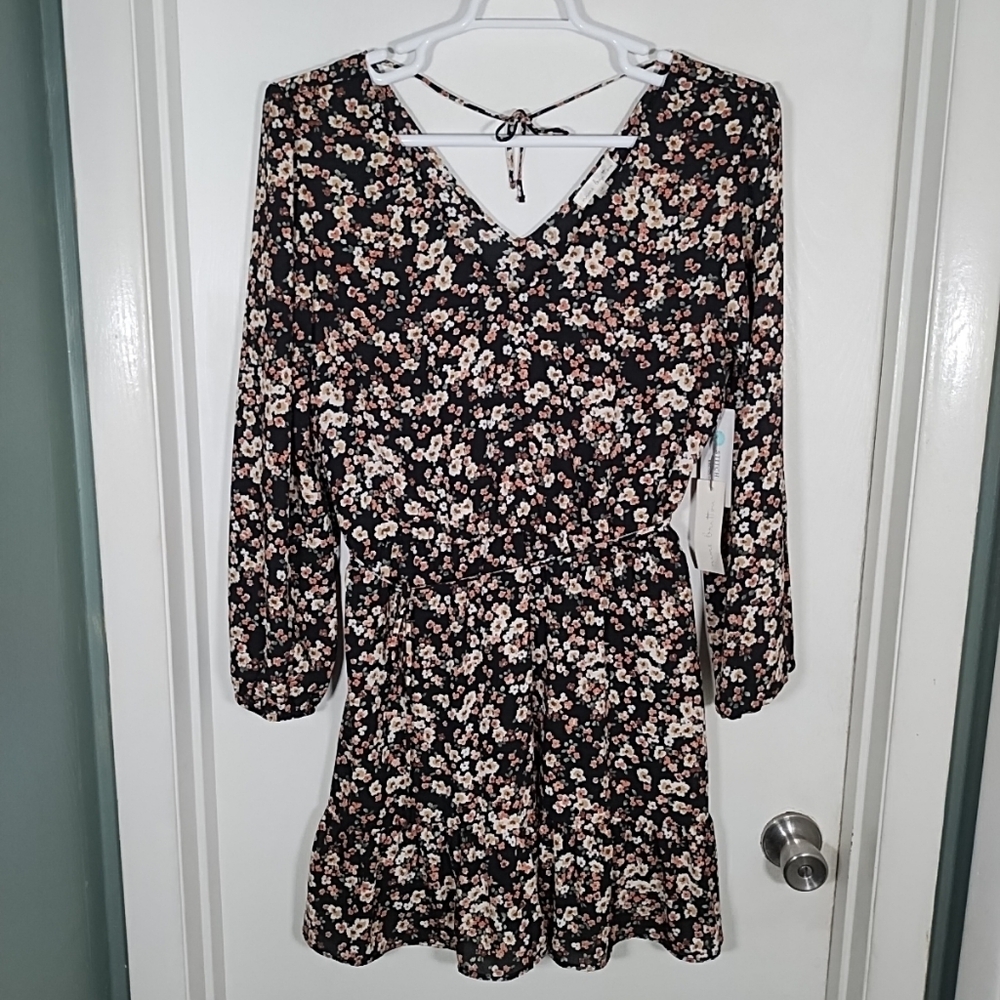 Nine Britton Deanna Dress Womens L Petite Black Floral V-neck Tie Long Sleeve